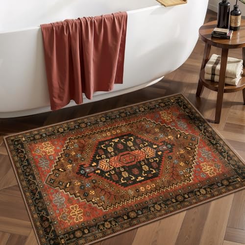 Ciicool Small Area Rug, 2x3ft Red Boho Rug, Ultra Soft Entry Rugs for Entryway, Non-Slip Washable Rugs Oriental Low-Pile Indoor Mat Floor Carpet for Entrance Bedroom Kitchen Bathroom Foyer Decor - color: Red/Gold, size: 2' X 3' (Rectangular)