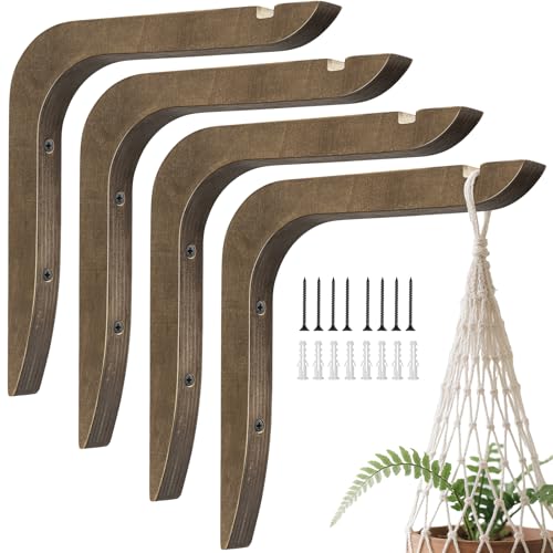 USION Wooden Plant Hangers Indoor Wall Mount, 8.6-Inch Hanging Plant Hooks for Wall, Basket Hooks for Lanterns, Flower Bracket, Wind Chimes, Light, Bird Feeders Decoration (Brown 4PCS) - color: Brown 4PCS