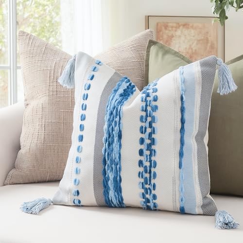 PANOD Chenille Farmhouse Throw Pillow Covers 16 x 16 Blue, Neutral Boucle Couch Pillow Cover, Striped Decorative Boho Coushion Cover Pillow Case for Couch Bed Sofa Bedroom,Modern Accent,Set of 2 - color: Sky Blue Tone, size: 16" x 16" (Pack of 2)