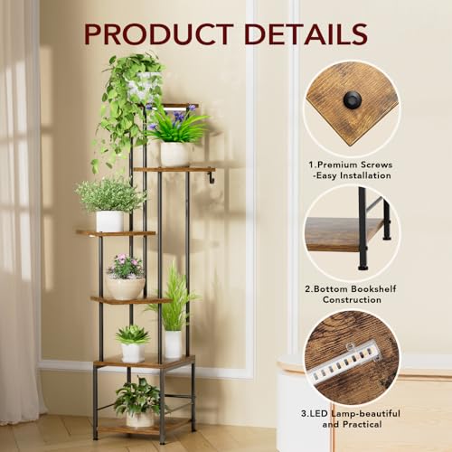 Homsorout Plant Stand Indoor with Grow Light - 6-Tier Metal Plant Shelf with Hanging Basket Hook, Corner Tall Flower Holder for Multiple Plants, Living Room Balcony Garden Patio, Rustic - color: Rustic, size: 6-Tier