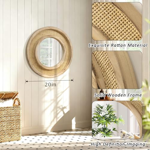 JJUUYOU Wood Mirror with Wood Frame Circle Mirrors for Wall 20 Inch Circular Hanging Mirrors for Living Room Bathroom Vanity Entryway Hallway Brown - color: Round Mirror-brown, size: 20"L x 20"W