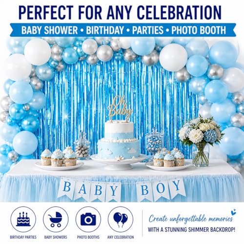 Sky Blue Fringe Curtain Backdrop 2 Pack, Foil Tinsel Curtain Decorations, Metallic Fringe Backdrop for Birthday Party, Baby Shower, Photo Booth, Blue Party Decorations - color: Sky Blue