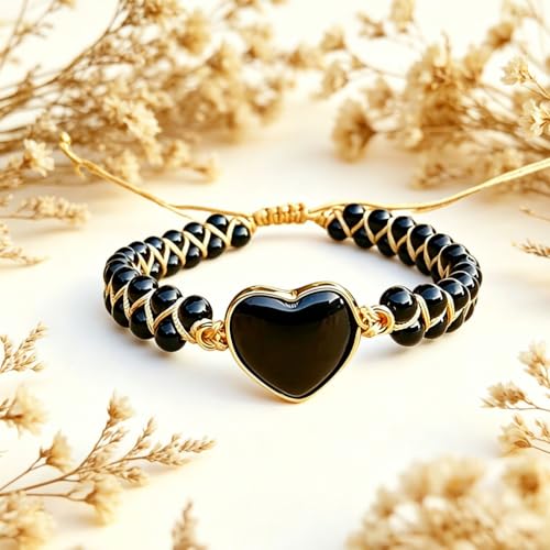Women Boho Wrap Bracelet,Handmade Natural Stone Crystal Emperor Beads Heart Bracelet, Fashion Bohemian Jewelry Gift for Women - color: Black