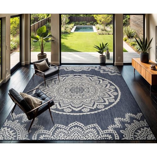 CAMILSON Outdoor Rug 9x12 Modern Area Rugs for Large Indoor and Outdoor Patios and Porches - Waterproof Washable Non-Shedding, Easy-to-Clean Outside Carpet (9 x 12, Medallion - Blue/White) - color: Medallion - Blue / White, size: 9' x 12' (Rectangular)