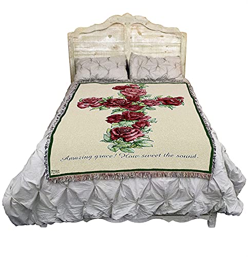 Red Roses Cross Blanket by Parker Fulton -Amazing Grace How Sweet The Sound - Sympathy Bereavement Gift Tapestry Throw Woven from Cotton - Made in the USA (72x54) - color: Red Roses Cross, size: 72" x 54"