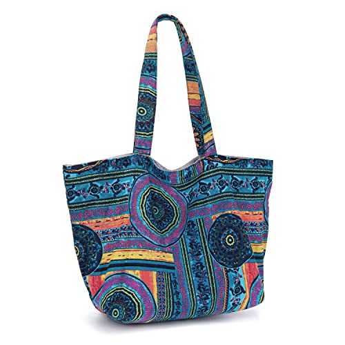 OPQRSTU Women Hippie Tote Hand Bag Large Capacity Bohemian Bag Portable Tourist Shoulder Bags - color: Green-purple
