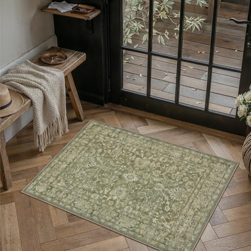 HUGEAR 2x3 Washable Vintage Entryway Area Rug Green Neutral Distressed Low Pile Non Slip Soft Small Carpet Indoor Door Mat Throw Rug for Entrance Kitchen Bathroom Laundry Room - color: Green, size: 2' x 3' (Rectangular)
