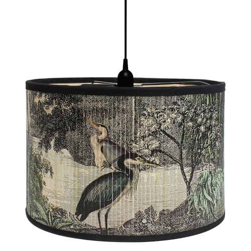 Retro Lamp Shade for E27 Lampholder, 11.8"x7.9" Vintage Printed Art Deco Chandelier Cover, Unique Drum Spider Japanese Tropical Funky Decorative Bamboo Lampshade for Hanging Table Floor Light (Bird A) - color: Bird A