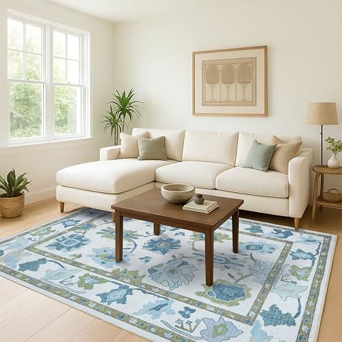 Fame Living Green Oushak Rug, Modern, Vintage, Turkish, Eclectic, Floral, Pastel, Washable, Area Rugs for Living Room, Dining, Bedroom, Nursery, Girls, Boys, 5'9"x8'9" - color: Cream Green, size: 5'11" x 8'11" (Rectangular)