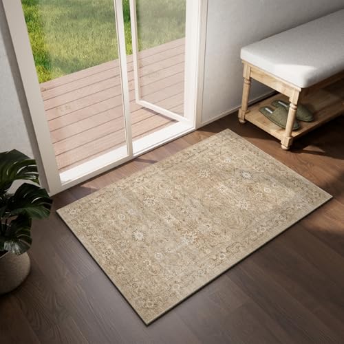Washable Door Mat Indoor Entrance: 2'x3' Small Entryway Rug Boho Area Rugs Non Slip Low Pile Soft Throw Rugs for Inside Front Door Floor Kitchen Bedroom Bedside Dorm Room Entry Home Office - color: Brown and Beige, size: 2' x 3' (Rectangular)