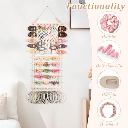 SNOWSTAR Macrame Hair Claw Clip Organizer,Large Capacity Mesh Bag Scrunchies Holder and Hair Ties Organizer for Women Girls,Hair Accessorie Hanging Storage Home Decor Wall,Door - color: Wood
