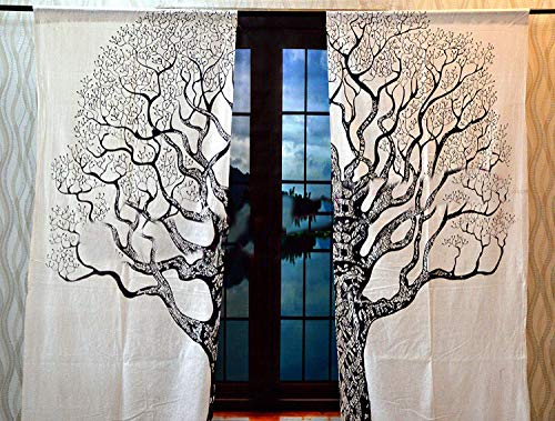 Indian Mandala Tree of Life Cotton Window Door Curtains Handmade Door Curtains Wall Hanging Hippie Balcony Wall Drapes Boho Window Treatment Decor Room Divider Sheer Wall Panel - color: White, size: 52"W x 82"L (Pack of 1)