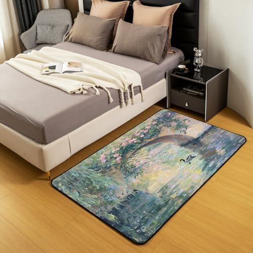 Erosebridal Vintage Area Rug 4'11" x 3'3" Floral Landscape Living Room Rugs Country Nature Decorative Carpet Impressionism Aesthetic Indoor Floor Mat - color: Beige Green Pink, size: 3'3" x 4'11" (Rectangular)