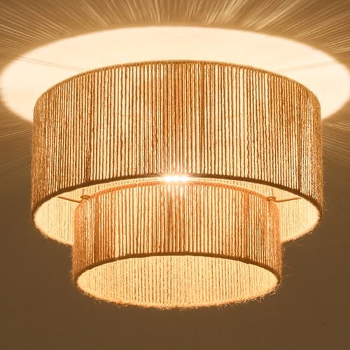 NUODIFAN Boho Semi Flush Mount Ceiling Light Gold Rattan Ceiling Light Double Layer 15.7" Farmhouse Ceiling Lamp with Natural Hemp Rope Lampshade for Dining Room Living Room Bedroom Kitchen