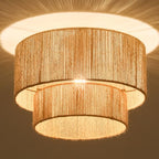 NUODIFAN Boho Semi Flush Mount Ceiling Light Gold Rattan Ceiling Light Double Layer 15.7" Farmhouse Ceiling Lamp with Natural Hemp Rope Lampshade for Dining Room Living Room Bedroom Kitchen