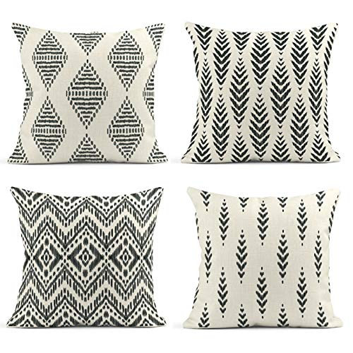 ArtSocket Set of 4 Throw Pillow Covers Ikat Tribal and Boho Bohemian Black Ethnic Herringbone for Ideas Decor Linen Outdoor Pillow Cases Home Decorative Square 18x18 Inches Pillowcases - size: 18" x 18" (Pack of 4)