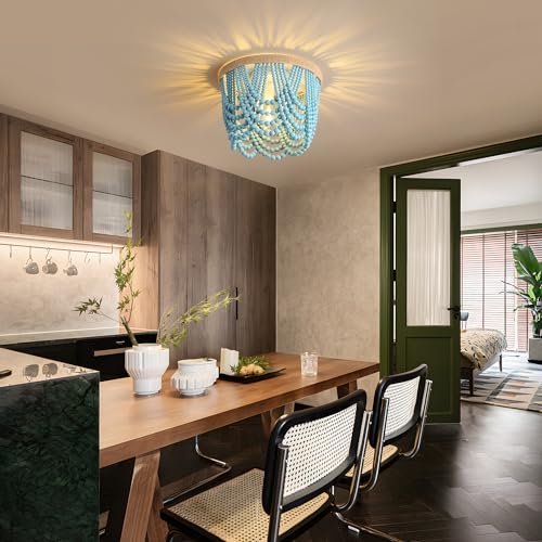 Bohemian Lighting Bohemian Chandelier Handmade Beaded Chandelier Bohemian Ceiling Beaded Lighting 3 Shallow Wood Beads Chandelier Nursery Bedroom Chandelier (Blue) - color: Blue