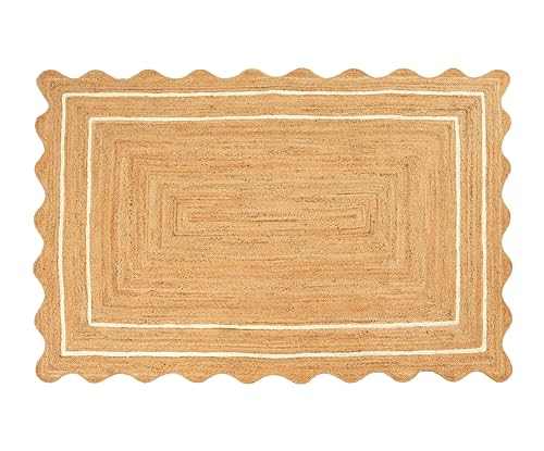 GRUHUM Jute Area Rug 6'x9' ft Wave Scalloped Natural Ivory Border Handwoven Boho Reversible Rustic Vintage Farmhouse Soft Braided EcoFriendly Rug - Indoor Livingroom Bedroom Hallways 6x9 ft Large - color: Natural - Ivory Border, size: 6' x 9' (Rectangular