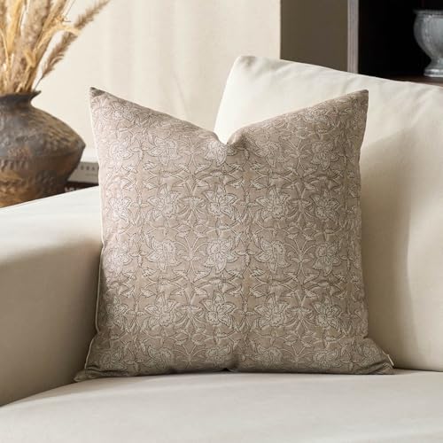 DOMVITUS Floral Pillow Covers 20x20 Throw Pillow Covers Block Print Vintage Decorative Neutral Pillow Cover for Couch Bed Living Room Light Camel 1PC - color: Light Camel, size: 20" x 20" (Pack of 1)