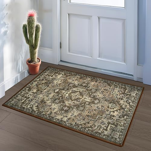 Foxmas Small Rugs for Entryway，2x3 Machine Washable Doormat Indoor Entrance Vintage Rug, Non-Slip Low Pile Throw Rugs for Entryway Bedroom Kitchen Living Room, Brown - color: Brown, size: 2' X 3' (Rectangular)