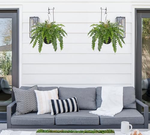 Hollyone Artificial Fern Hanging Basket Plant 25" Boston Ferns 31 Leaves Greenery Plants with Rattan Pot for Outdoors & Indoor Fake Fern Bush Plant in Pot for Patio Entrance Porch Garden Decor Green - color: Hanging Basket - Green Medium 2