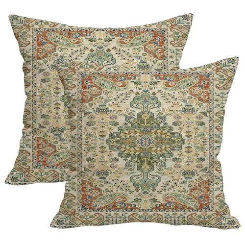 Boho Throw Pillow Covers 16x16 Set of 2,Sage Green Orange Ethnic Boho Outdoor Pillows Cover Spring Fall Western Bohemian Linen Decorative Pillowcase for Couch Living Room Bed Decor - color: Green Orange, size: 16" x 16" (Pack of 2)