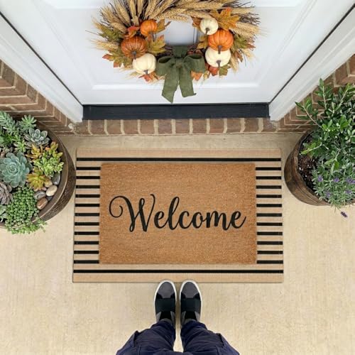 LEEVAN Outdoor Door Mat 2'x3' Washable Welcome Mat Woven Black and White Entryway Rug Farmhouse Front Porch Decor Outside Entrance Striped Outdoor Floor Mats - color: Black and Tan, size: 2' x 3' (Rectangular)