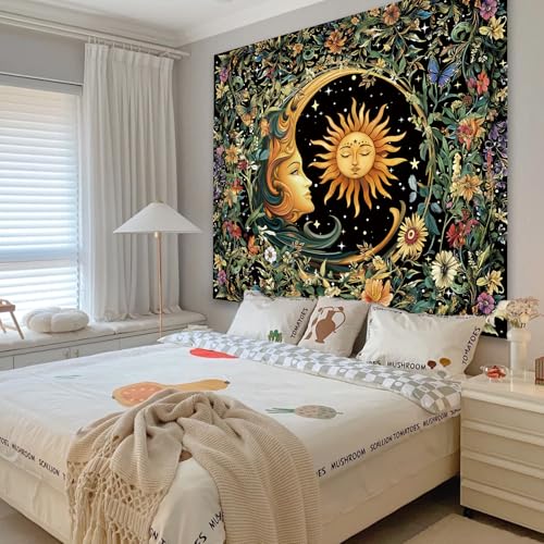 Apdidl Sun and Moon Hippie Decor Tapestry for Bedroom, Boho Hippy Mystic Floral Tapestries Wall Hanging Aesthetic, Vintage Mandala Plants Moon Cute Backdrop Wall Decor for Living Room Dorm 51"X60" - color: Sun Moon Tapestry, size: 60"L x 51"W