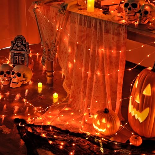 JMEXSUSS 200 LED Orange Fairy Lights Plug in, 8 Modes Halloween Lights Indoor Outdoor with Wheel, 66 ft Remote Control Thanksgiving Light for Halloween Thanksgiving Christmas Party Gift Decor - color: Orange, size: 66FT 200LED