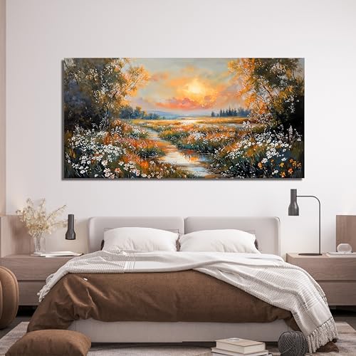 Canvas Wall Art Decor Vintage Wildflower Wall Art Prints Canvas Wall Art for Living Room Nature Landscape Art Work for Wall Decor River Sunset Artwork for Walls Bedroom Office Wall Art Decor 20" X 40" - color: XY-T, size: 40"L x 20"W