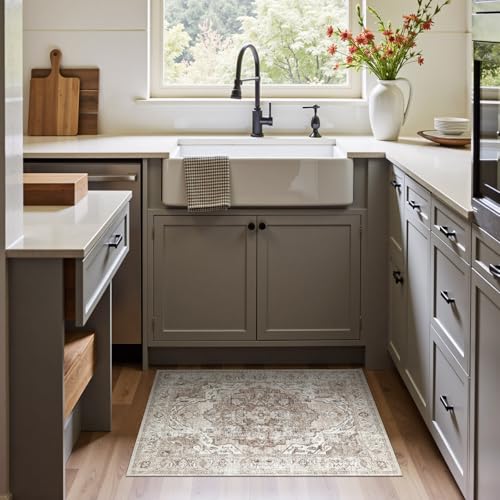 jinchan Area Rug 2x3 Washable Entryway Rug Vintage Kitchen Floor Cover Traditional Thin Taupe Multi Distressed Floral Doormat Indoor Mat for Bathroom Bedroom Living Room - color: Medallion Taupe Multi, size: 2' x 3' (Rectangular)