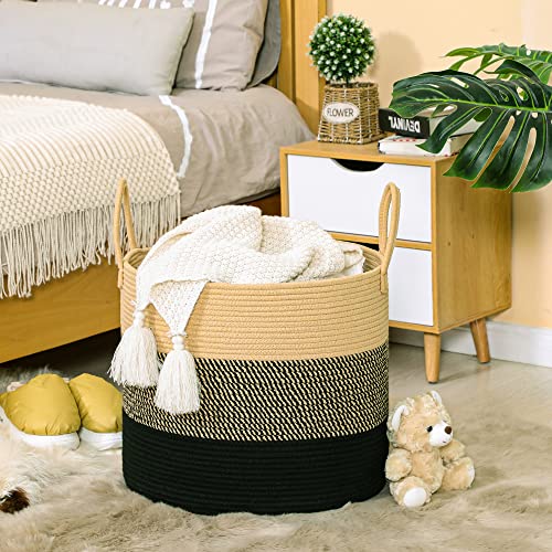 KAKAMAY Large Blanket Basket (18"x18"x16"),Woven Baby Laundry Hamper for Storage, Cotton Rope Blankets Baskets for Nursery, Laundry, Living Room, Pillows, Baby Toy Chest with Handles (Black) - color: Black