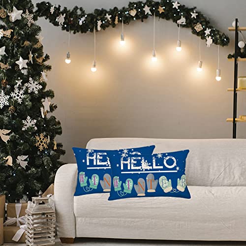 Hello Winter Throw Lumbar Pillow Cover 12x20 Blue White Snowflake Christmas Decorations Farmhouse Decorative Cushion Case Decor Gloves Winter Holiday for Home Sofa Couch - color: Blue Hello Winter Snowflake