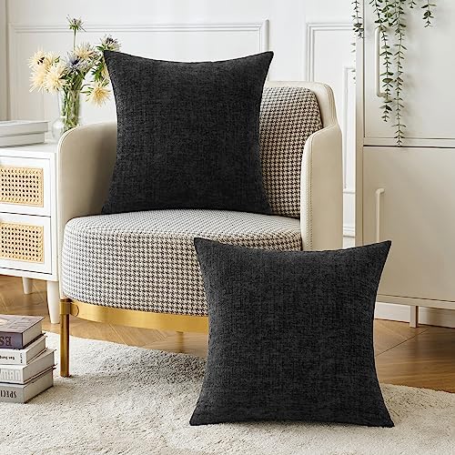 MIULEE Pack of 2 Black Throw Pillow Covers 16x16 Inch Soft Chenille Pillow Covers for Sofa Living Room Couch Solid Dyed Cases - color: Black, size: 16" x 16" (Pack of 2)