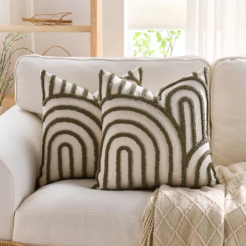 vctops Boho Throw Pillow Covers Set of 2, Modern Mid Century Arched Tufted Decorative Cushion Cover Farmhouse Rustic Geometric Textured Pillowcases for Sofa Bed Living Room (Grass Green,18"x18") - color: Grass Green
