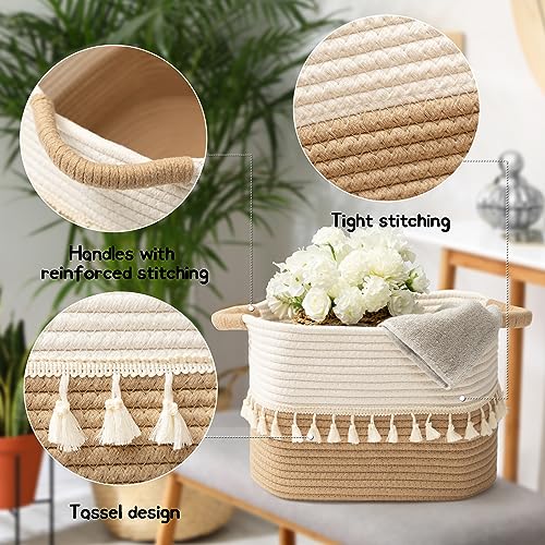 TeoKJ Woven Storage Bin Set of 3, Cotton Rope Basket for Storage, Clothes Boho Basket Bin for Organizing, Fabric Basket for Books, Plants, Pet Treats, White & Jute - color: White & Jute, size: 3 Pack