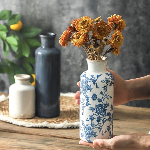 ooit Ceramic Vintage Vases Set of 3, Blue and White Flower Decorative Vase Chinoiserie Decor Rustic Farmhouse Retro Floral Vases for Table Bookshelf Mantel Kitchen Living Room Office - color: 007 Vintage - Blue