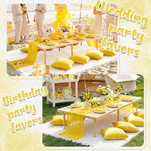 Beeveer 91 x 71 Extra Large Outdoor Boho Picnic Blanket with Yellow Table Runner, 6 Throw Pillow Covers 6 Napkins Woven Cotton Yarn Oversize Beach Blanket Washable Picnic Camp Wedding - color: Yellow