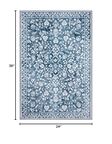 Vintage Entryway Rug 2x3, Blue and White Washable Accent Rug, Non-Slip Small Area Carpet, Floral Print Faux Wool Soft Door Mat for Indoor Entrance, Front Door, Kitchen, Bedside - color: Light Denim Blue and White, size: 2' x 3' (Rectangular)