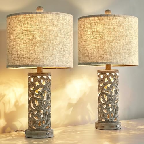 OYEARS Bedside Table Lamps Set of 2 with USB & Night Light, 22'' Dimmable Touch Lamps for Nightstand, Farmhouse Lamps for Bedroom Living Room Home Offce (Bulb Included) - color: Rustic Grey