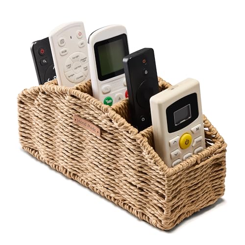 Handwoven Remote Control Holder Basket, Boho Desk Organizer with 5-Compartment Storage TV Remotes, Office Supplies for Living Room, Bedroom, Office