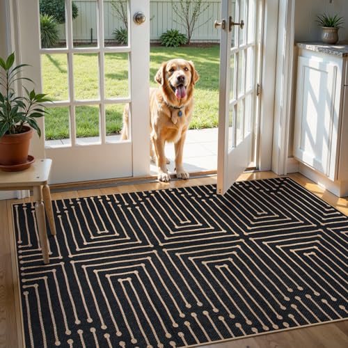 Lahome Boho 3x5 Easy Jute Rugs for Entryway, Black and White Outdoor Rug for Patio, Maze Lines Modern Indoor Outdoor Rugs, Non Slip Stain Resistant Front Door Carpet for Porch Balcony - color: Lines-black, size: 3' x 5' (Rectangular)