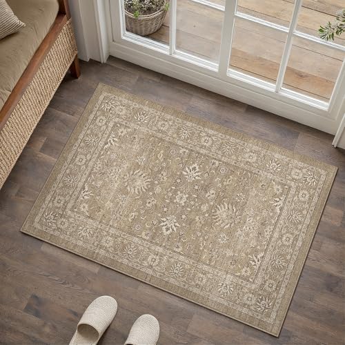 PureCozy 2x3 Area Rug Brown Washable Entryway Vintage Carpet Door Mat Small Non Slip Stain Soft Resistant Low Pile Thin Boho Accent Indoor Throw Rug for Kitchen Bathroom Entrance Bedroom - color: Oriental Brown, size: 2' x 3' (Rectangular)