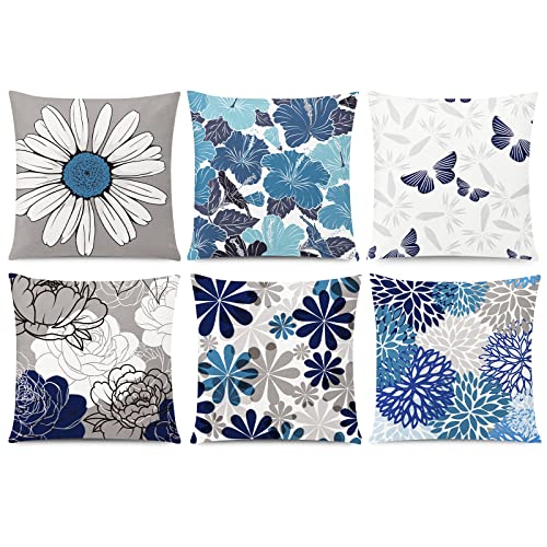 COMMINY Blue Grey Pillow Covers 20x20 Set of 6 Decorative Daisy Flower Throw Pillow Cover for Couch Modern Farmhouse Cushion Cover for Living Room Bed Patio Home Decor - color: Blue Daisy, size: 20" x 20" (Pack of 6)