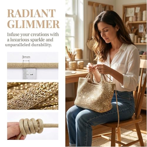 3mm Sparkle Polyester Macramé Cord - 150g/66yds Metallic Glitter Braided Cord for Crocheting Bags, Baskets, Macramé Plant Hangers & DIY Crafts, Machine Washable (2#Beige Gold) - color: 2#beige Gold