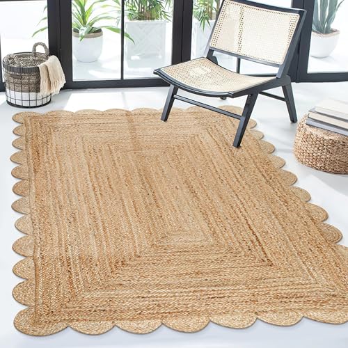 Savi Home Scalloped Jute Rug 4'x6' – Handwoven Natural Area Rug, Farmhouse Boho Style, Eco-Friendly Reversible Carpet for Living Room, Bedroom, Entryway, Dining Room Décor - color: Scalloped Natural, size: 4' x 6' (Rectangular)