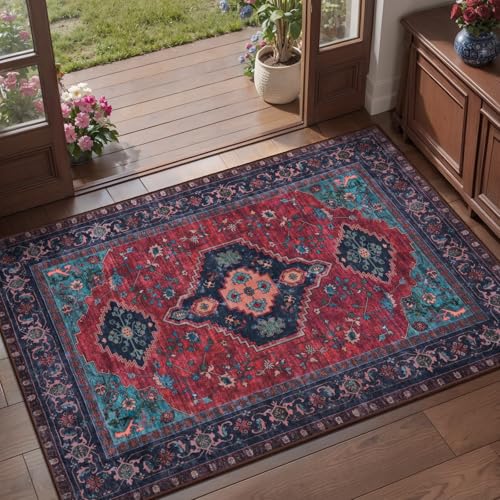 Tangsoo Washable Entryway Rugs 2x3 Vintage Non Slip Small Area Rug, Indoor Front Door Rug, Print Distressed Door Mat Indoor Entrance Soft Low Pile Throw Rug for Entry Kitchen Bedroom Burgundy/Navy - color: Burgundy/Navy, size: 2' X 3' (Rectangular)