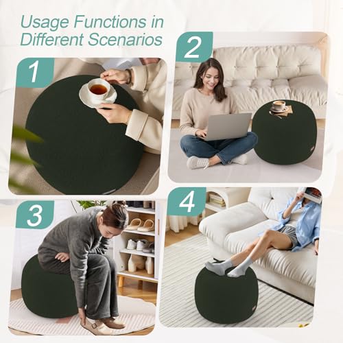 MeMoreCool Stuffed Round Pouf Ottoman Foot Rest, Floor Pouf Foot Stool with Soft Foam Chunk Filling, Small Round Ottoman Footstool Circle Footrest for Living Room, Green - color: Teddy Green