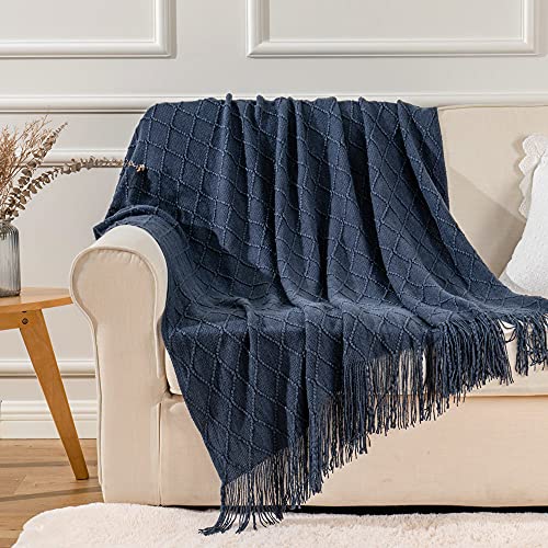 BATTILO HOME Navy Blue Throw Blanket with Fringe, Geometric Bed Blue Throws, Spring Decorative Large Throw for Couch Sofa Indoor Outdoor, 52"x80" - color: Navy, size: 52 x 80 in.