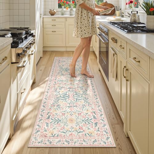 Lahome Sylvie Boho Hallway Runner Rug 2x6,Floral Kitchen Runner Rugs Non Skid Washable,Super Soft Indoor Throw Carpet for Girls Bedroom Bedside Bathroom Laundry Room, Pink/Multi - color: Blush Pink, size: 2' x 6' (Runner)